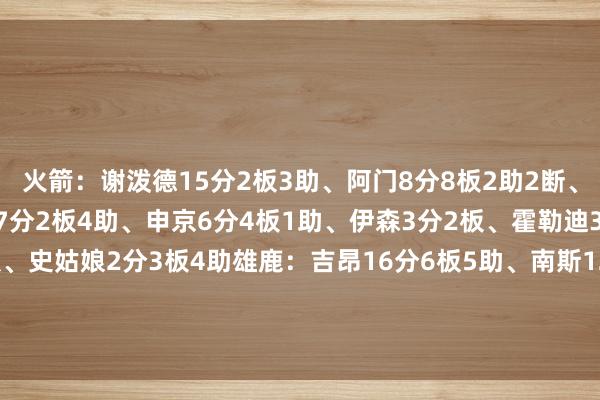 火箭：谢泼德15分2板3助、阿门8分8板2助2断、奥科吉8分1板、杜兰特7分2板4助、申京6分4板1助、伊森3分2板、霍勒迪3分1板、卡佩拉2分4板、史姑娘2分3板4助雄鹿：吉昂16分6板5助、南斯12分2板、瑞安7分1板1助、希姆斯3分9板1助、AJ·格林3分5板1助、杰克逊3分3板1助    体育录像/图片